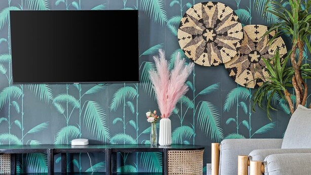 A modern living room with a large flat-screen TV mounted on a wall with a tropical leaf pattern wallpaper. There is a round woven coffee table, a grey sofa, and a patterned rug on the floor. - Stylish Getaway in Downtown Charleston (Charleston)