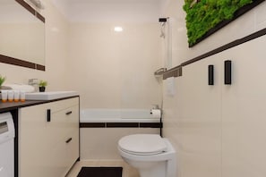 Baignoire, séchoir à cheveux, serviettes fournies, shampooing