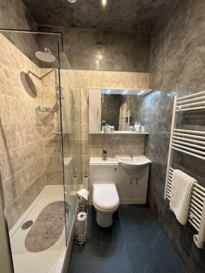 Shower, hair dryer, towels, soap