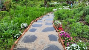 A garden pathway with a brick border and flower beds on either side. - Dream field house (Yeosu)