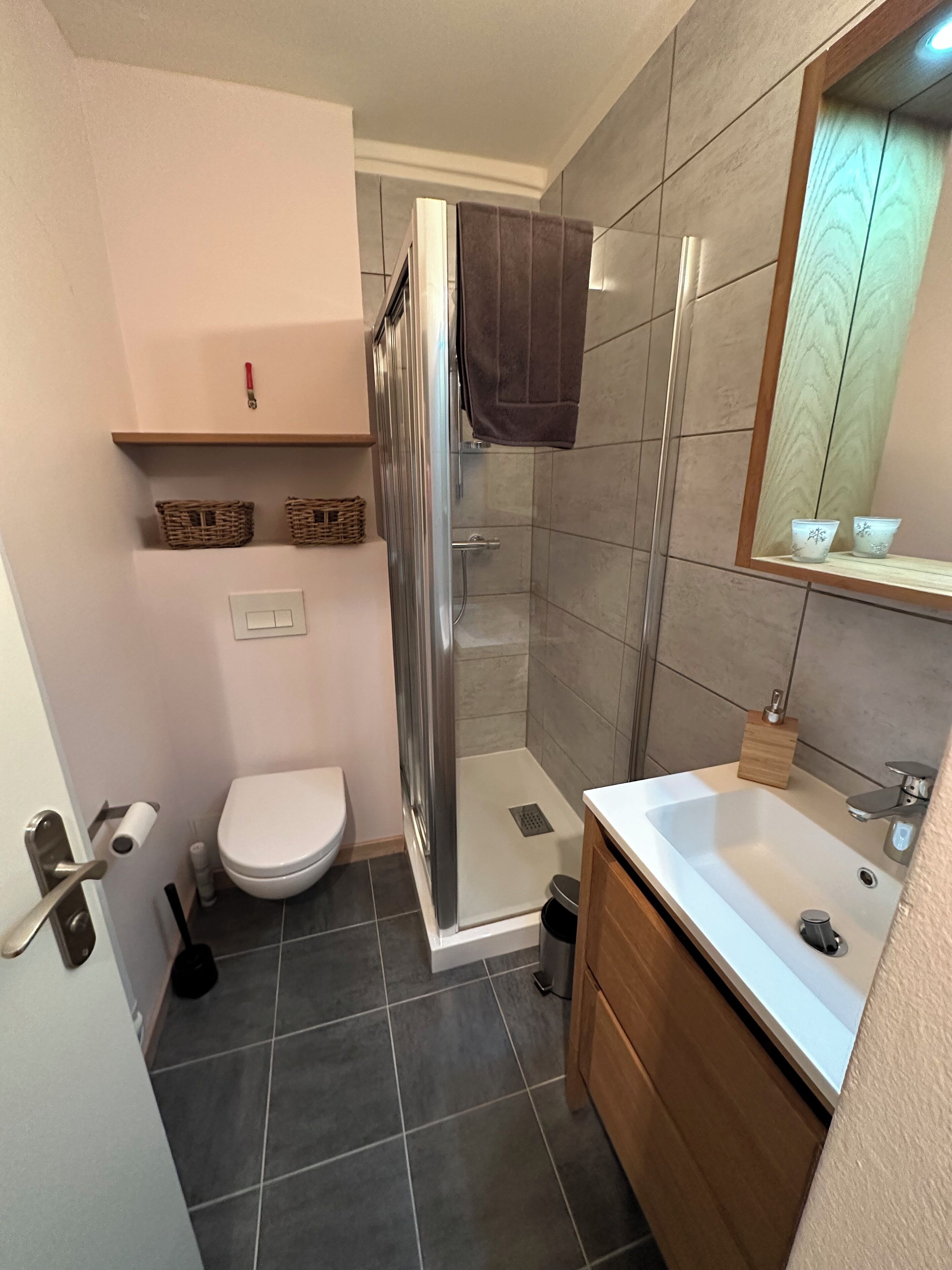 A modern bathroom with a glass-enclosed shower, a white toilet, and a sink with a mirror above it.