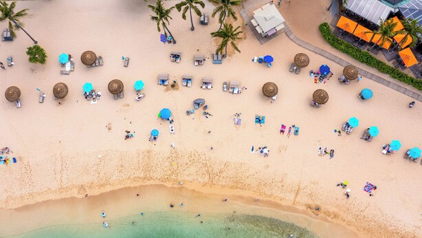 An aerial view of a beach with sun loungers, umbrellas, and palm trees. - Hanau Hideaway, 2026 Remodel, Pool, AC, Turtle Bay (Kahuku)