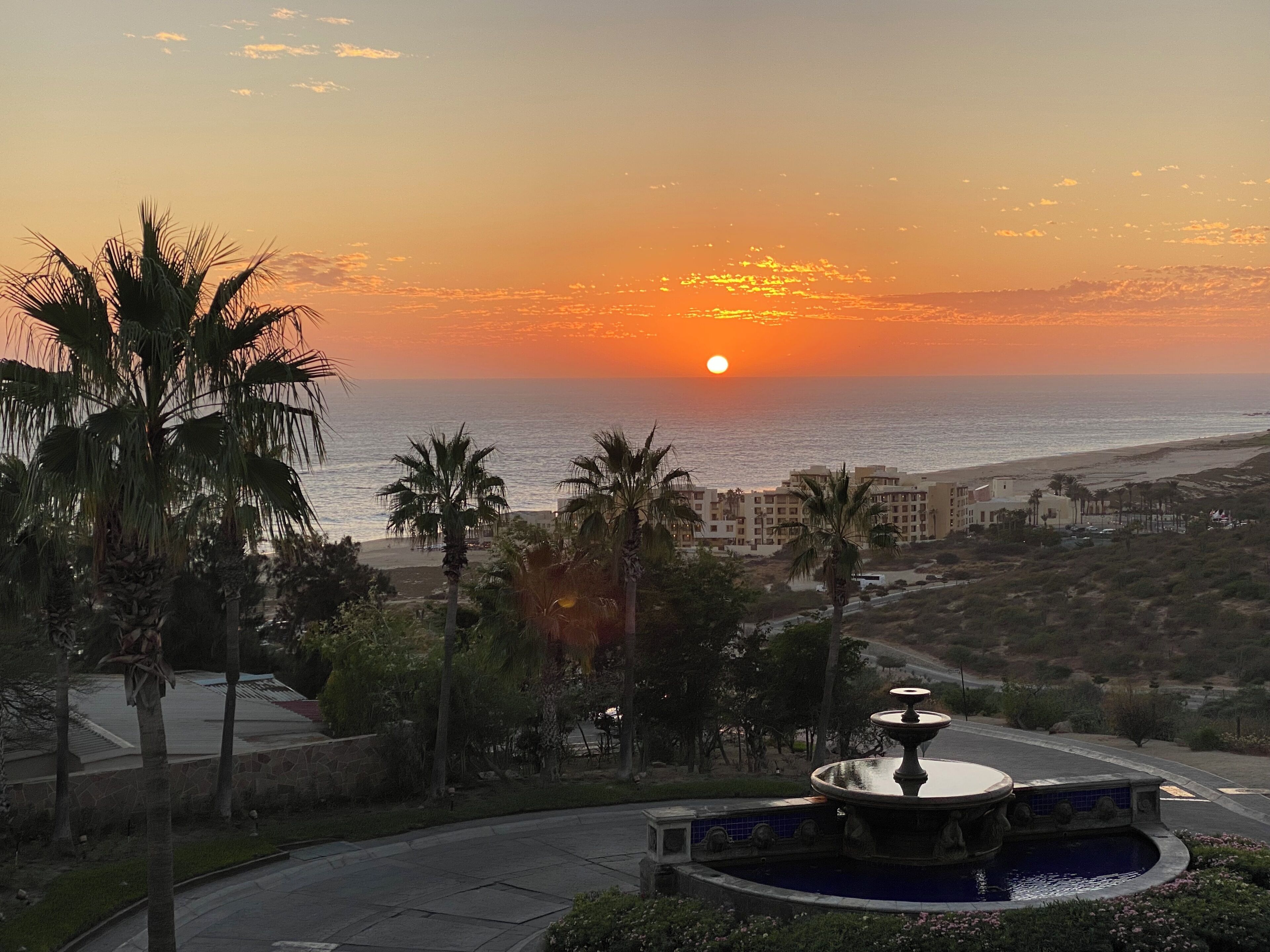 Une vue sur un coucher de soleil au-dessus d’une plage bordée de palmiers, avec une fontaine au premier plan.