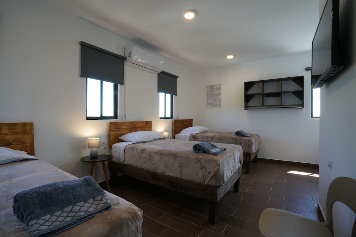 Habitació d'hotel amb tres llits, una taula petita, una cadira i un televisor.