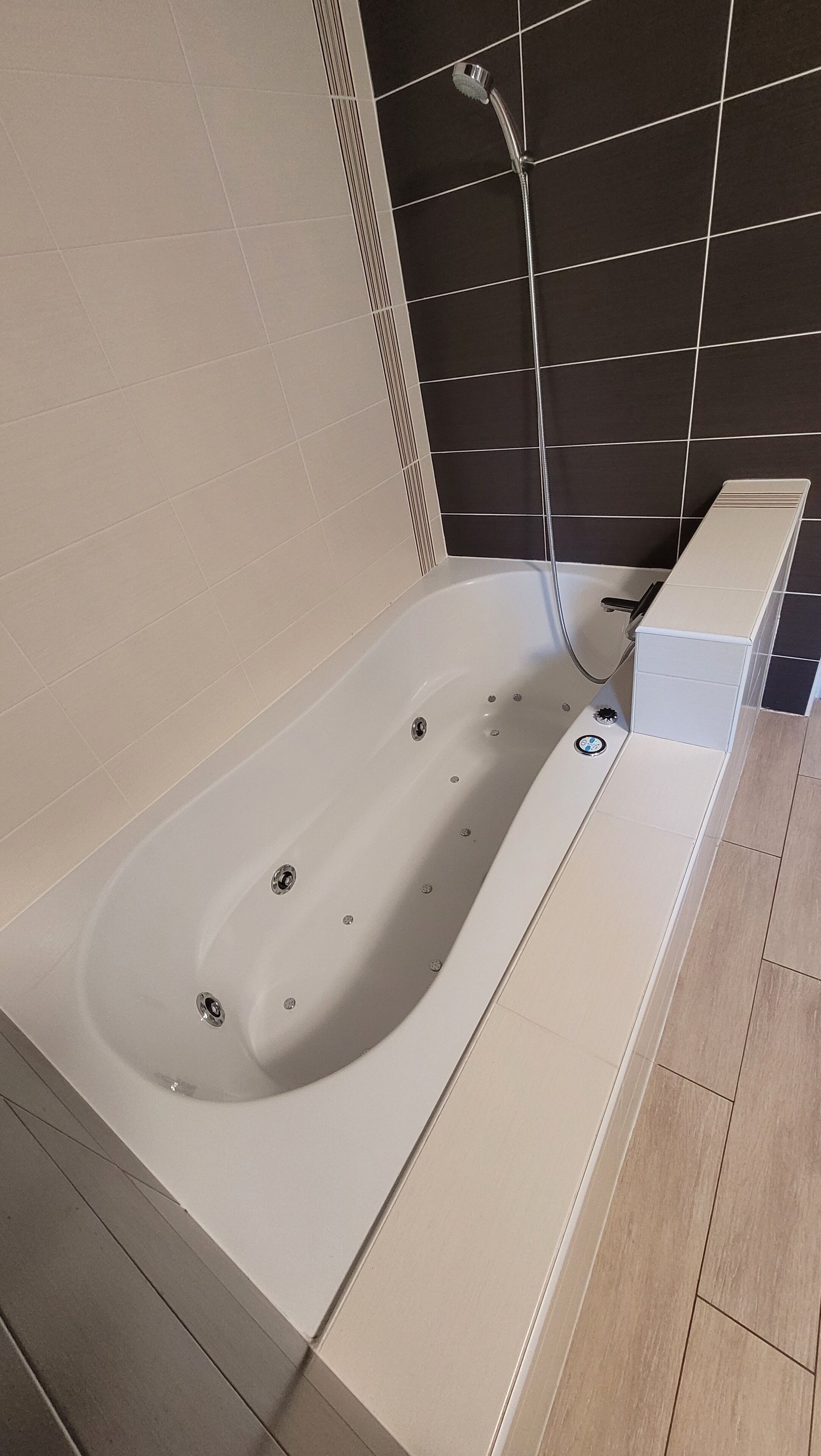 Jetted bath, hair dryer, towels, soap