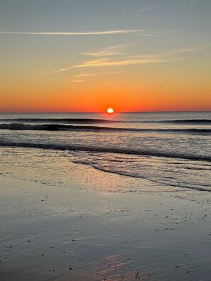 On the beach, sun loungers