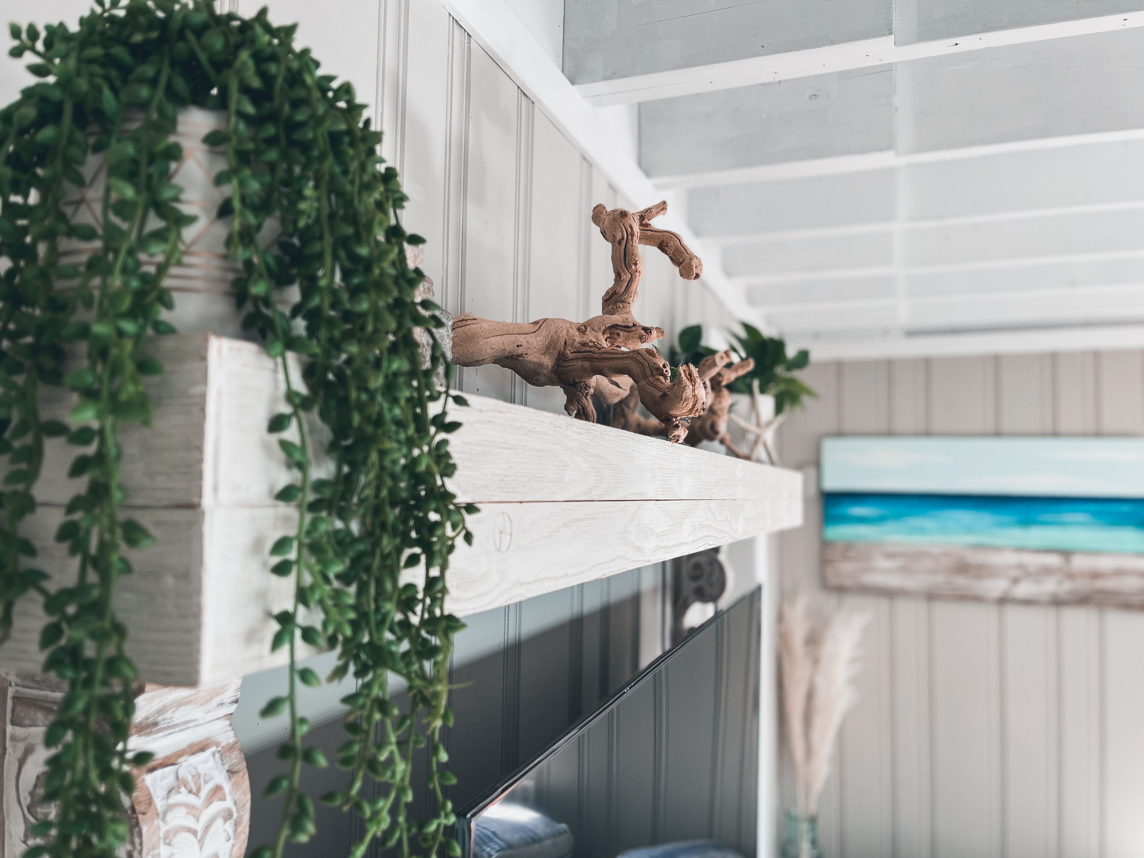 A wooden shelf with decorative items and a hanging plant.