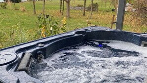 A hot tub with a view of a grassy area and trees in the background. - Huron waterfront cottage/Hot tub/max2 pets for16+people with private sand beach  (Goderich)