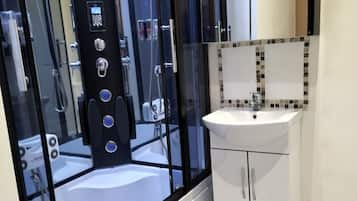 Hair dryer, towels, soap, toilet paper