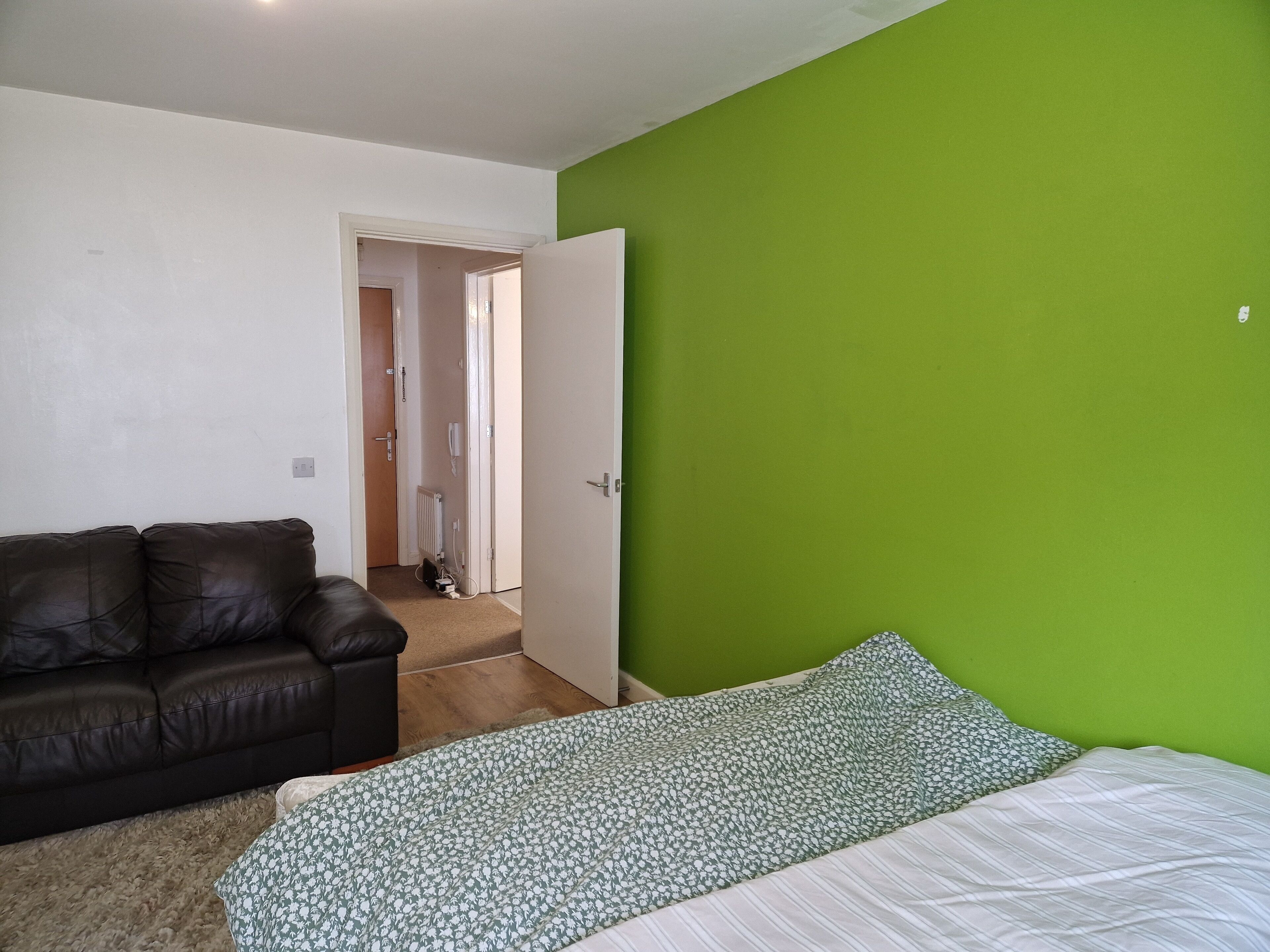 Une pièce avec un mur vert, un lit recouvert d’une couverture à motifs, un canapé en cuir marron et une porte donnant sur une autre pièce.