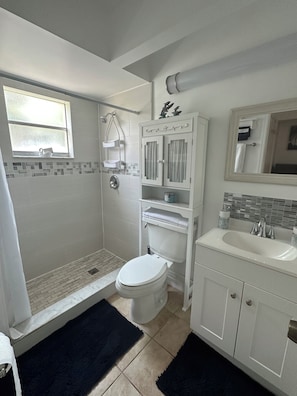 Hair dryer, towels, soap, toilet paper