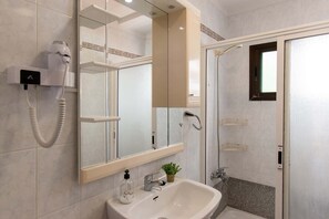 Shower, hair dryer, towels