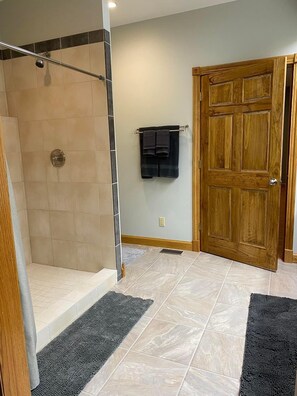 Shower, towels, soap, shampoo