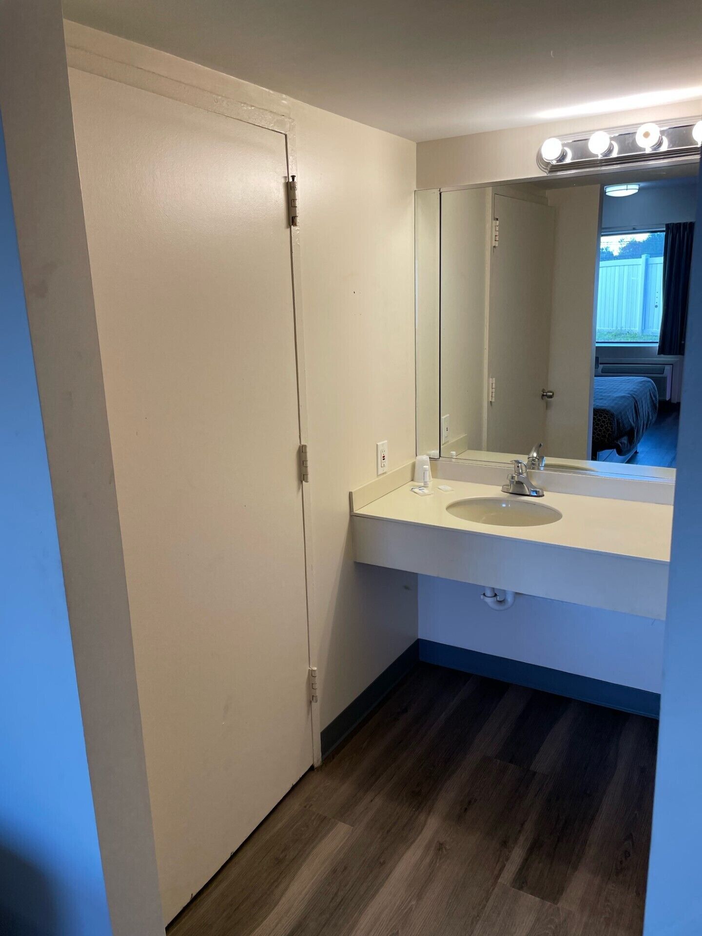 A bathroom with a white sink, mirror, and wooden flooring.