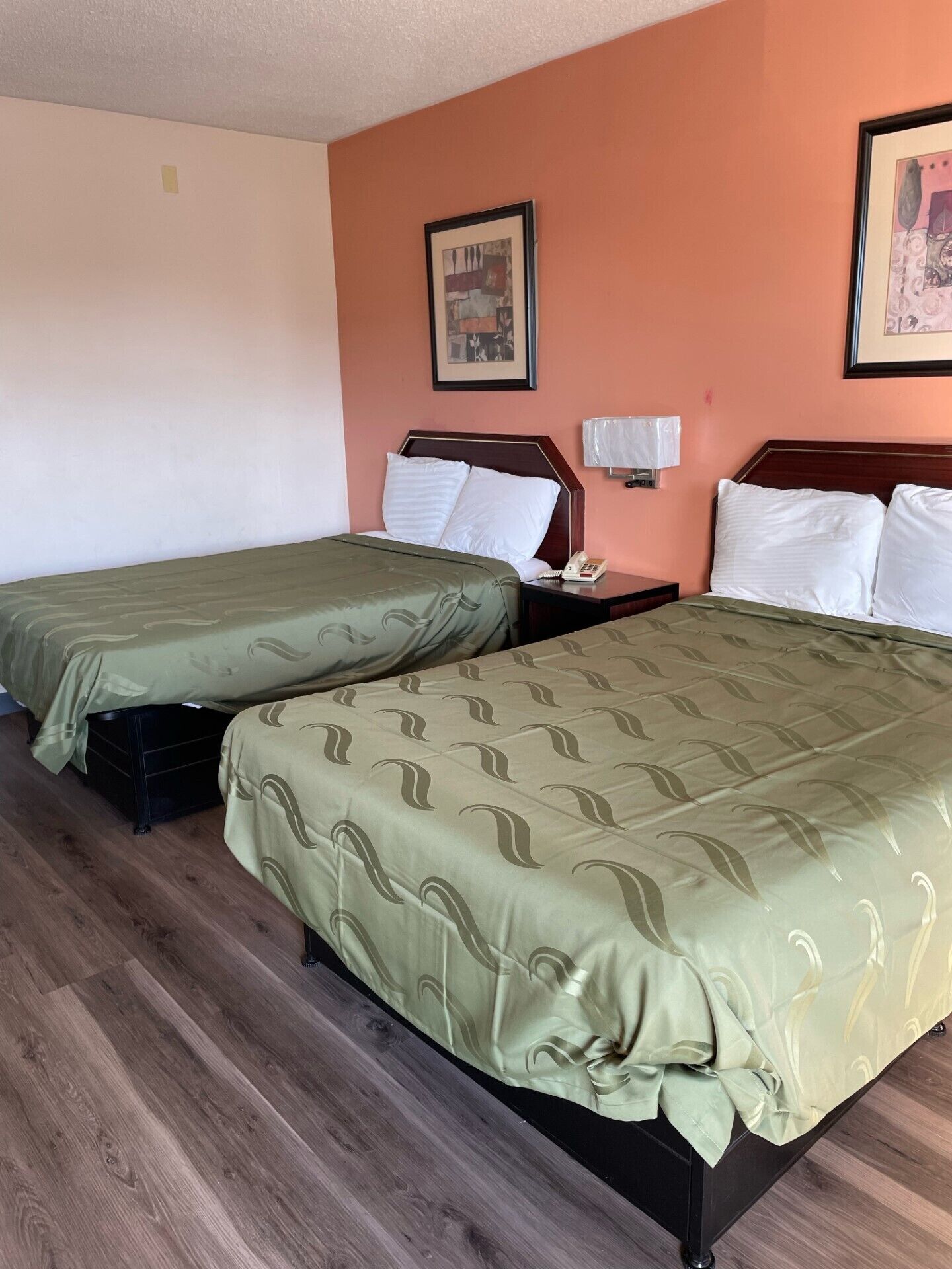 Habitación de hotel con dos camas, cada una con ropa de cama verde y almohadas blancas. Se observa un mesita de noche con una lámpara y un teléfono. Las paredes son de color melocotón, y hay un cuadro enmarcado en la pared.