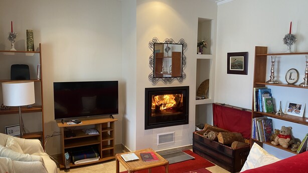 A living room with a flat-screen TV, a fireplace, a sofa, a coffee table, and a bookshelf. - Esperamos por si nas Suas Próximas Férias (Folhadal, Viseu, Portugal)