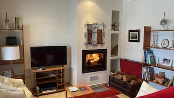 Smart TV, fireplace, books