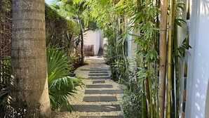 Un étroit sentier de pierre, bordé de bambous et de palmiers, mène à un bâtiment blanc.