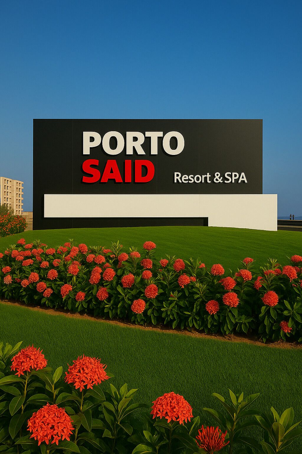 A sign for Porto Said Resort & SPA with a modern design and a landscaped garden in the foreground.