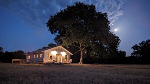 Una casa con un porche, un árbol grande y una luna en el cielo.
