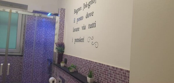 Een douche, een haardroger, een bidet, handdoeken