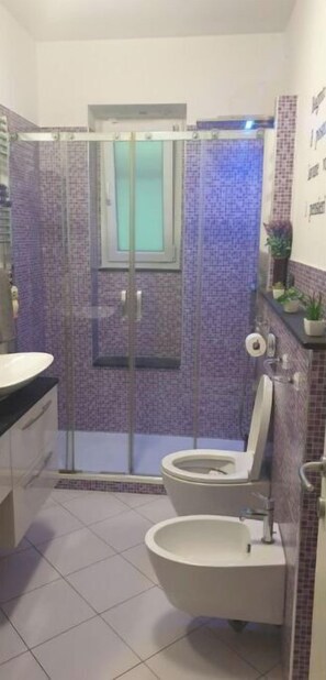 Een douche, een haardroger, een bidet, handdoeken