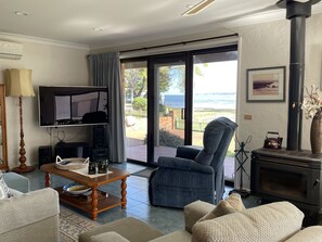 Smart TV, fireplace, books