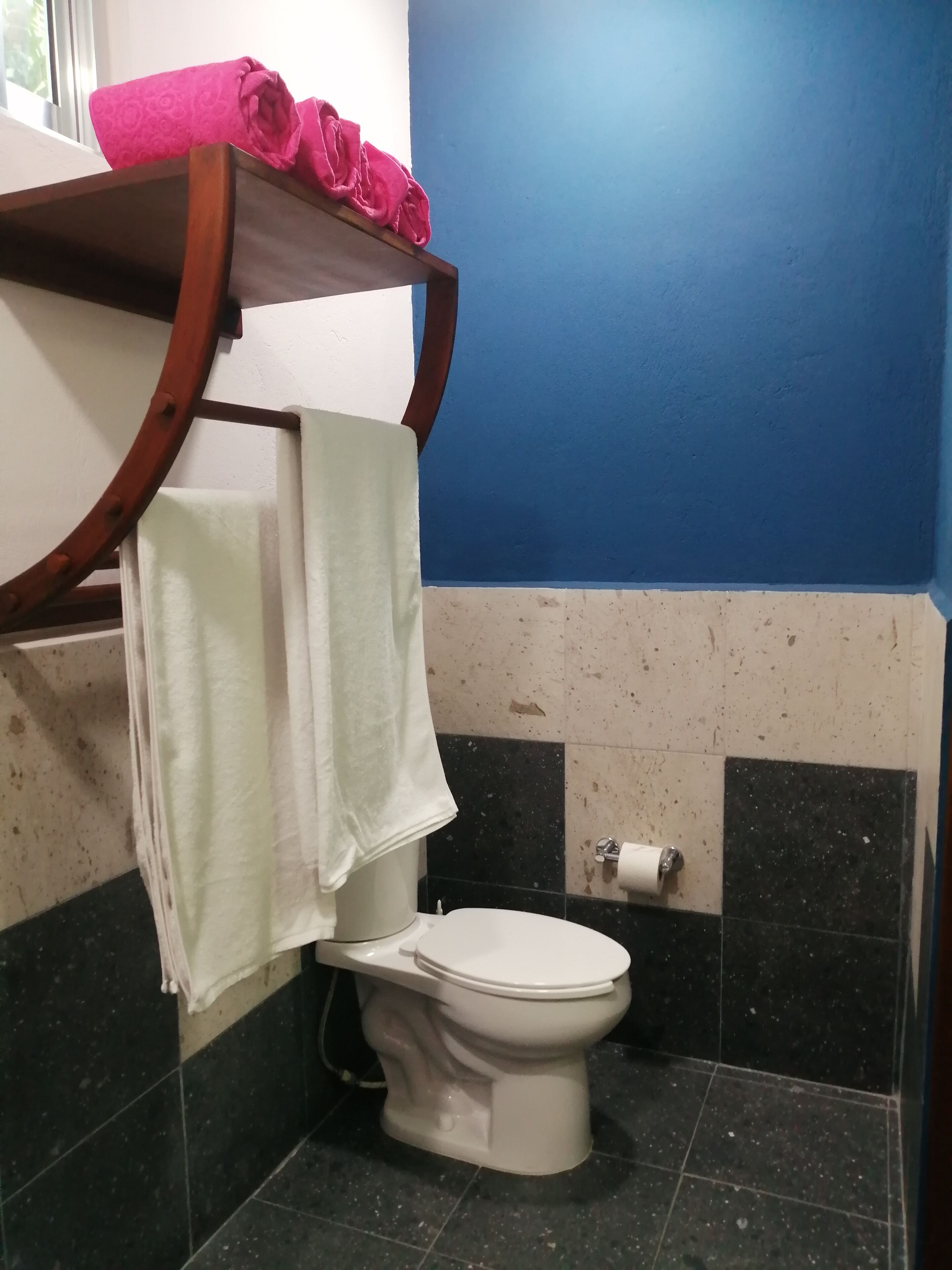 A bathroom with a white toilet, a towel rack with a pink towel, and a blue wall.