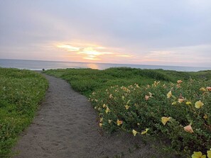 Een pad dat naar de zee leidt, met een zonsondergang op de achtergrond.