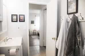 Hair dryer, towels, soap, shampoo