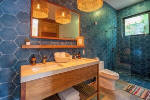 Hair dryer, towels, soap, shampoo