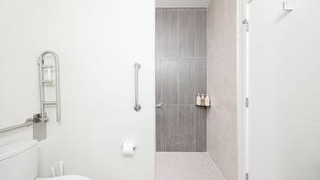 A modern bathroom with a toilet, a shower with a glass door, and a handrail.