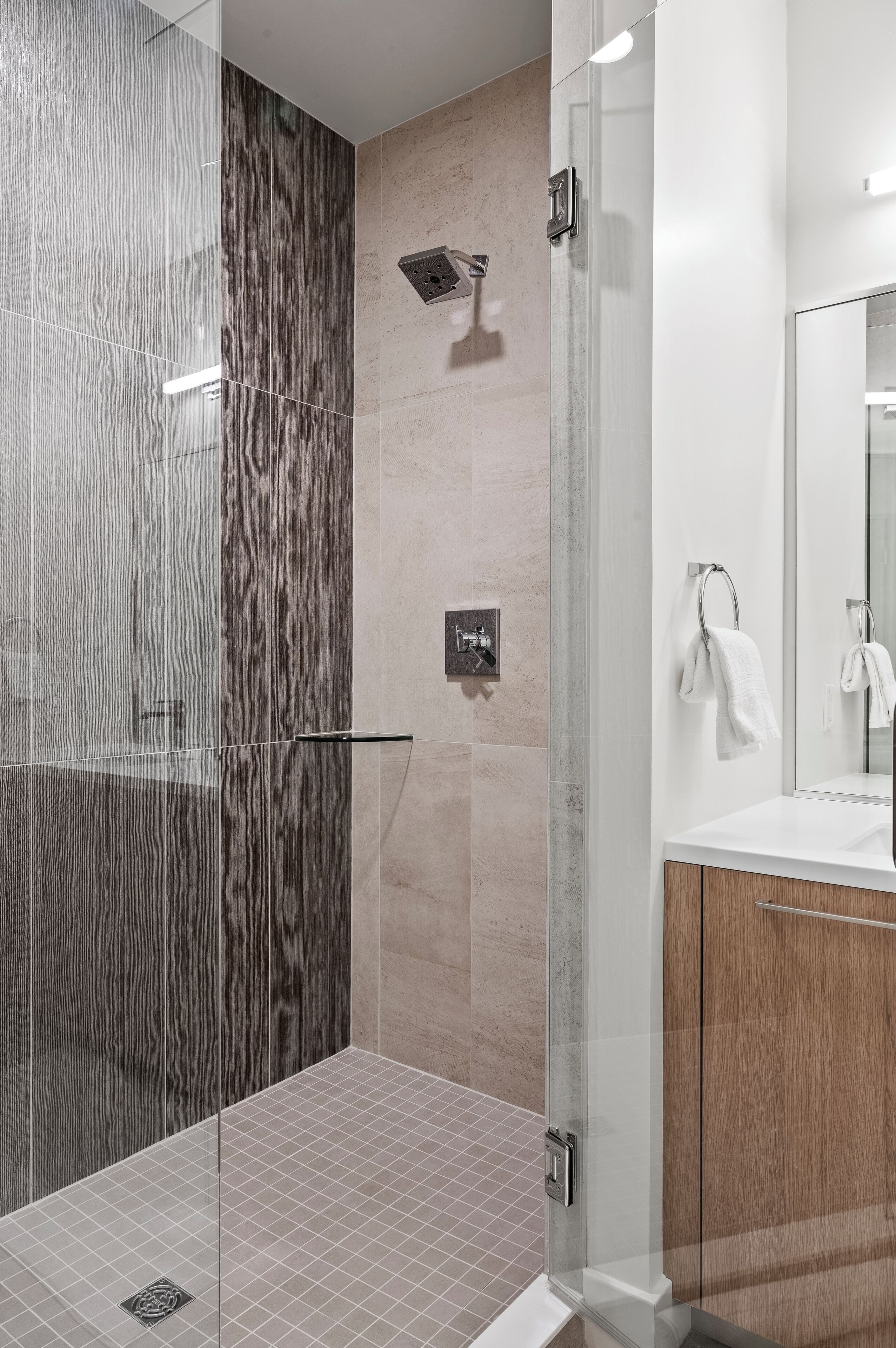Combined shower/tub, hair dryer, towels