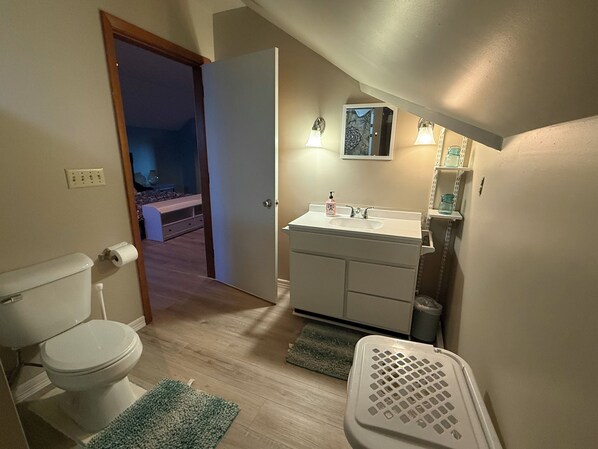 Hair dryer, towels, soap, toilet paper