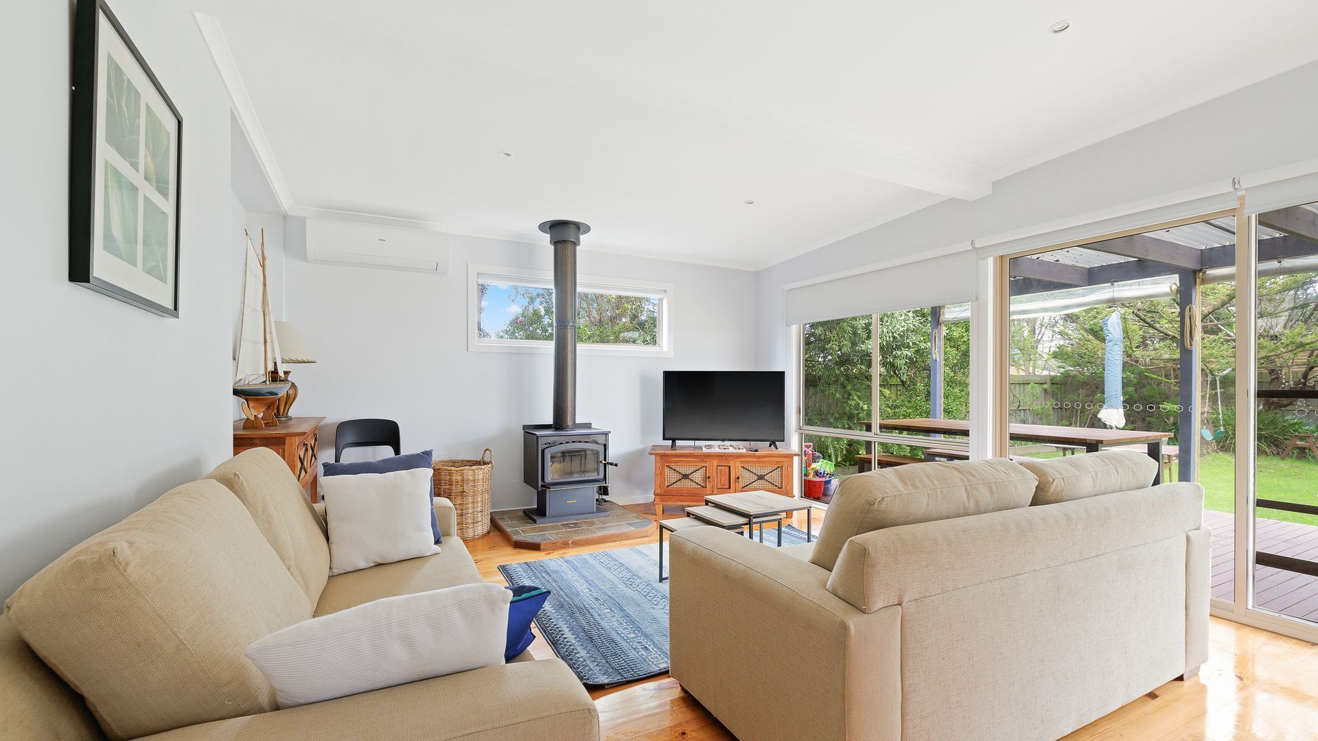 TV, fireplace, DVD player, books