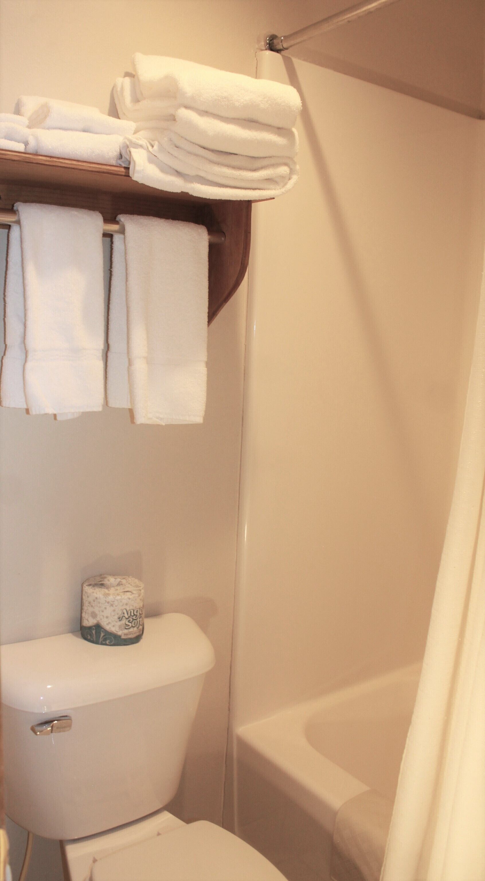 Une salle de bain avec des toilettes, une pile de serviettes blanches et un rideau de douche.