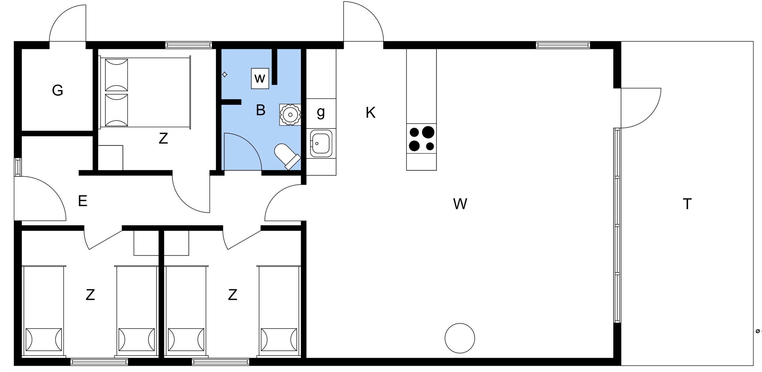 A floor plan with labeled rooms G, B, K, E, and T, including a bathroom and a kitchen area.