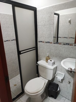 Hair dryer, towels, soap, toilet paper