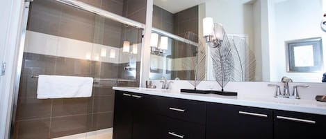 Tina, secadora de cabello, toallas, shampoo