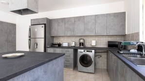 Una cucina moderna con mobili grigi, una lavatrice integrata, una macchina da caffè e un lavandino.