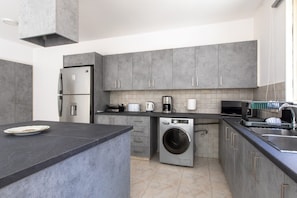 Una cocina moderna con armarios grises, lavadora integrada, cafetera y pileta.