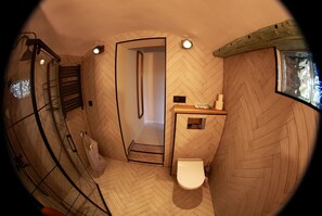 Douche, séchoir à cheveux, serviettes fournies, savon