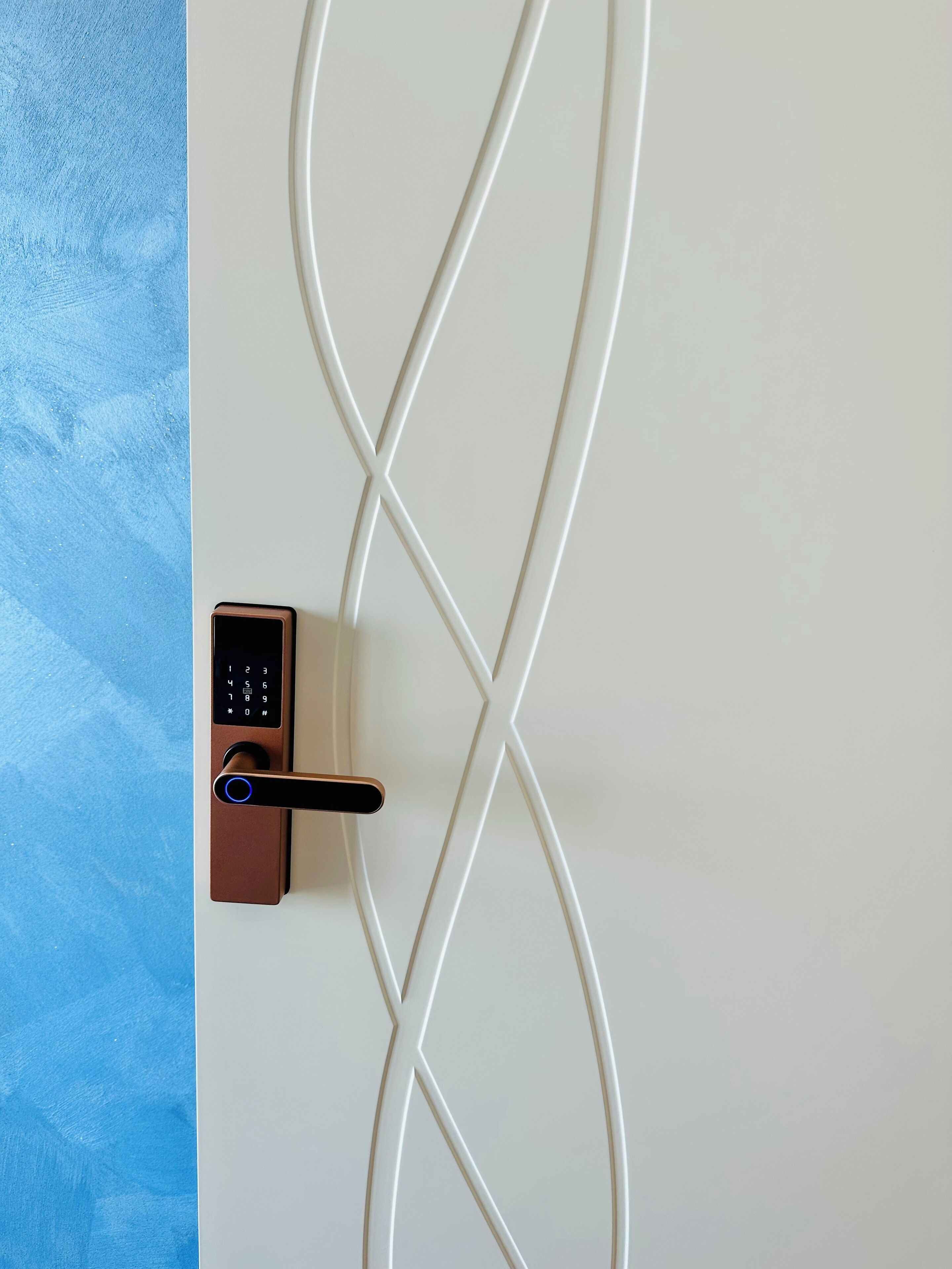 A wall-mounted electronic device with a keypad and a lock mechanism, connected by white cables.