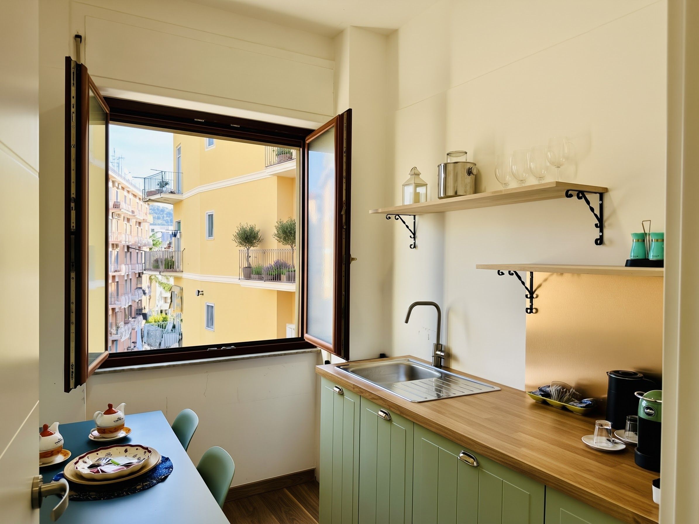 Cocina compacta con ventana, un lavabo y zona de comedor con mesa y sillas.