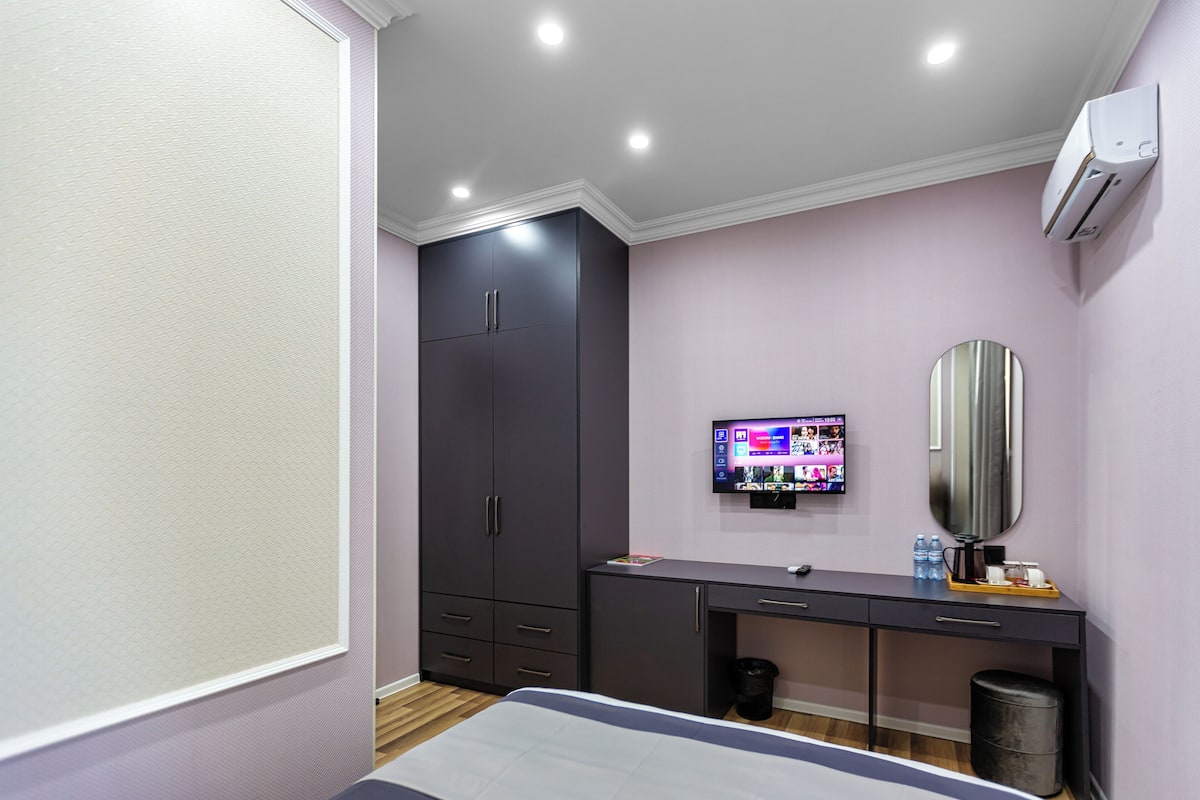 Un dormitorio moderno con cama, escritorio, televisor y armario.