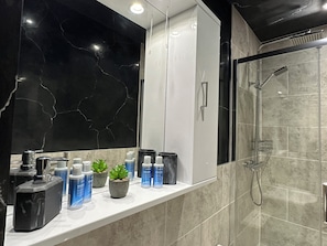 Shower, hair dryer, towels, soap