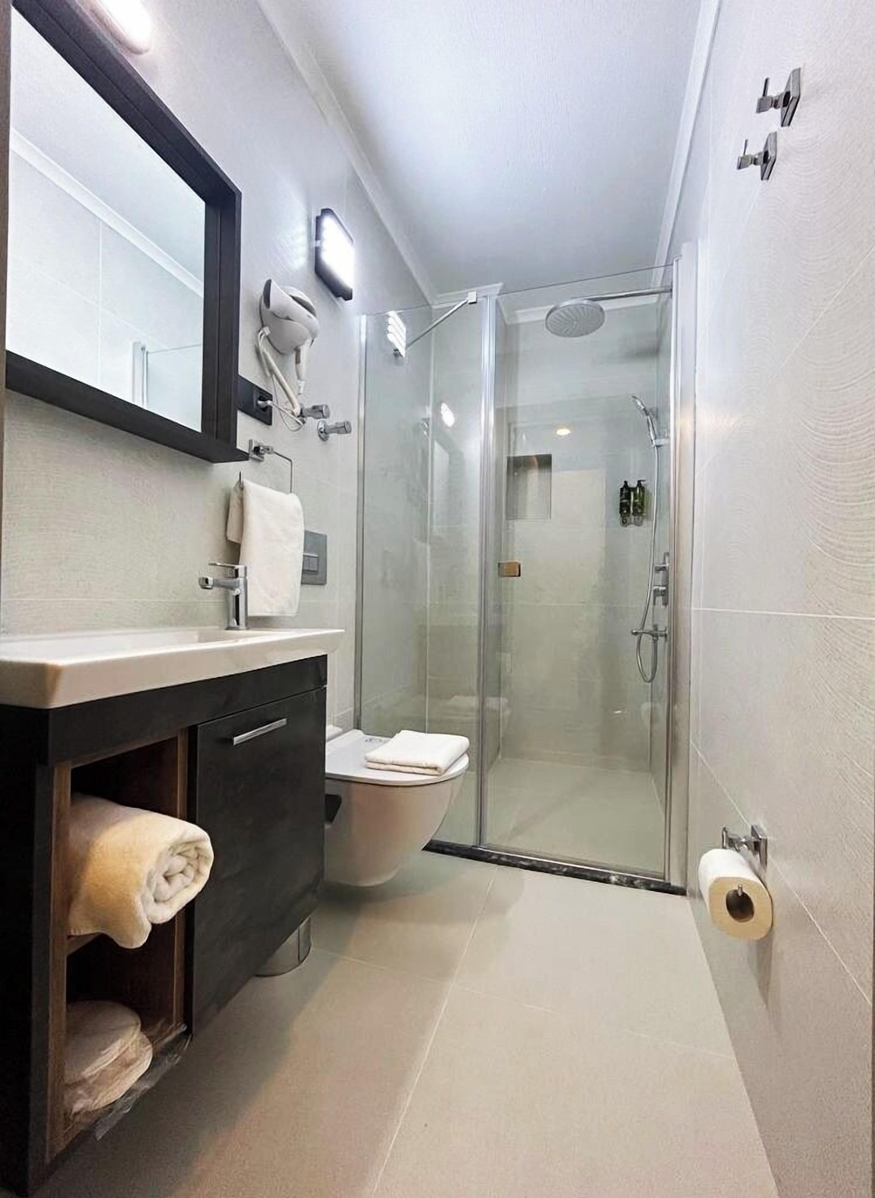 A modern bathroom with a glass-enclosed shower, a vanity with a mirror, and a toilet.