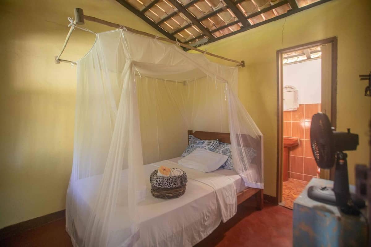 A single bed with a canopy, a bedside table, and a fan.