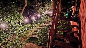 Un espacio exterior nocturno con una escalera de madera que lleva a una zona cubierta con asientos.