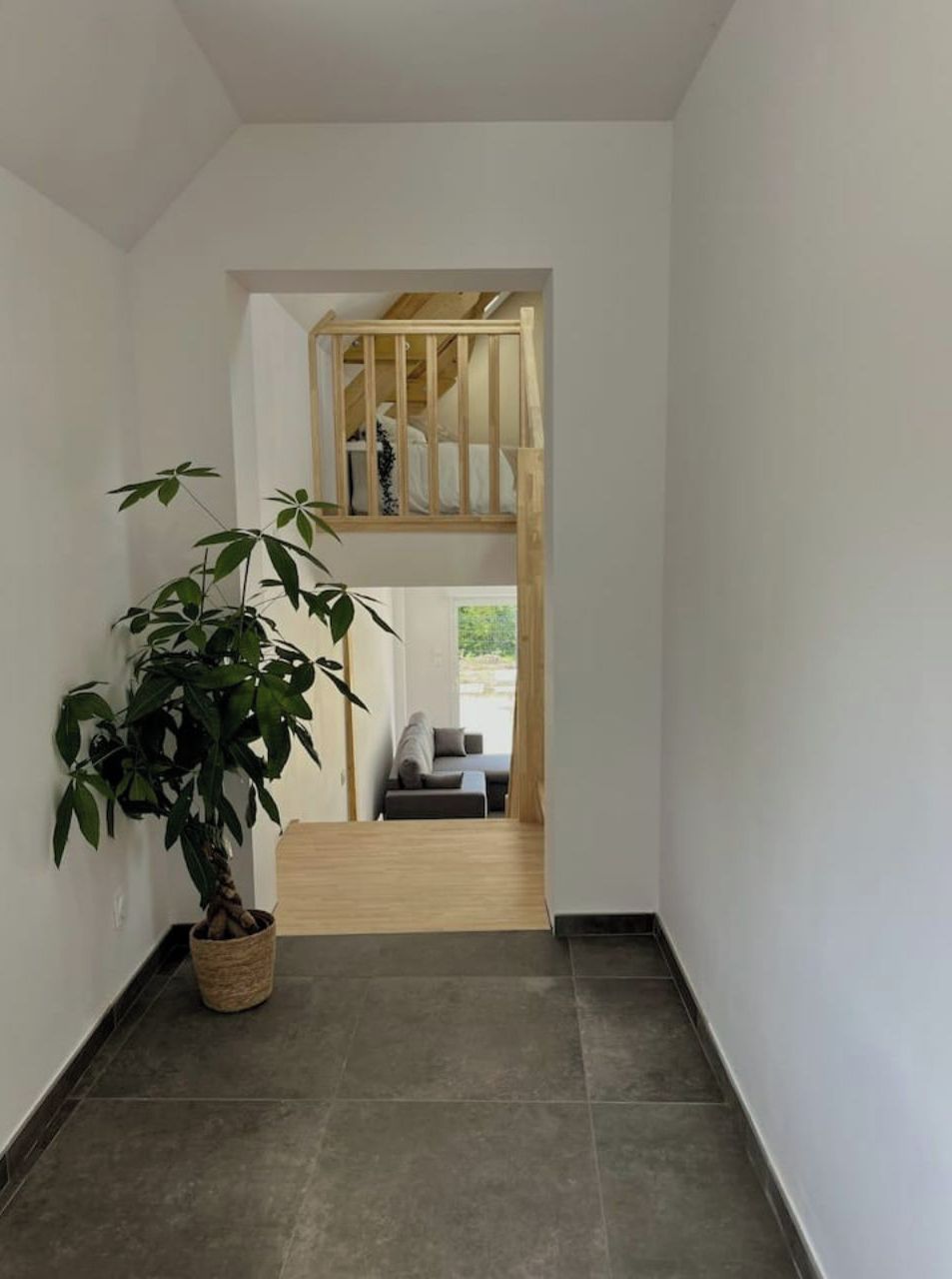 A modern interior with a staircase leading to a loft bedroom, a potted plant, and a grey sofa in the background.